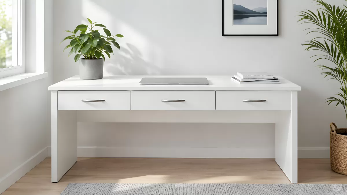 Weißer Schreibtisch mit drei Schubladen im Homeoffice