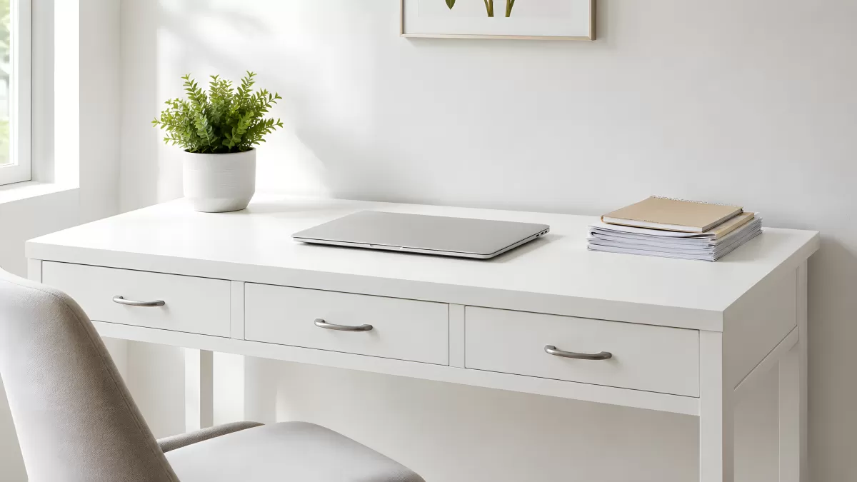 Weißer Schreibtisch mit Laptop und Zimmerpflanze