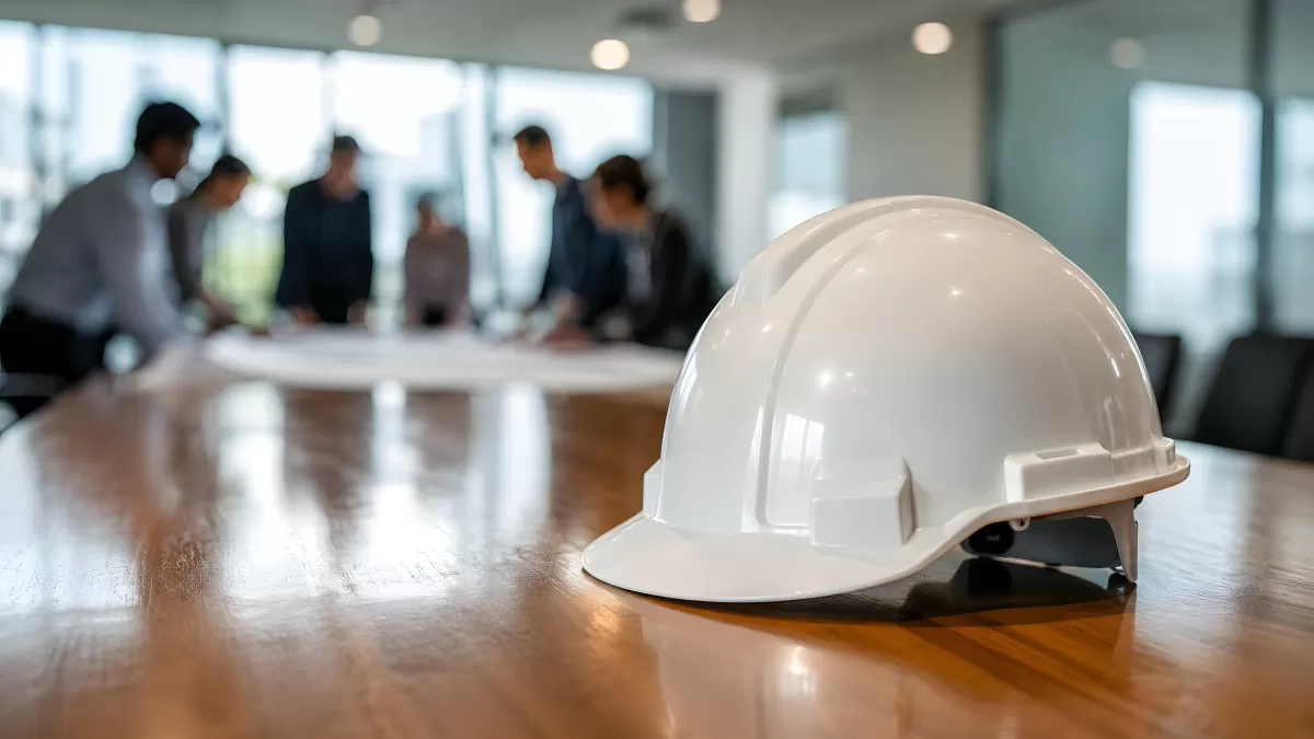 Weißer Schutzhelm auf Konferenztisch mit Team im Hintergrund