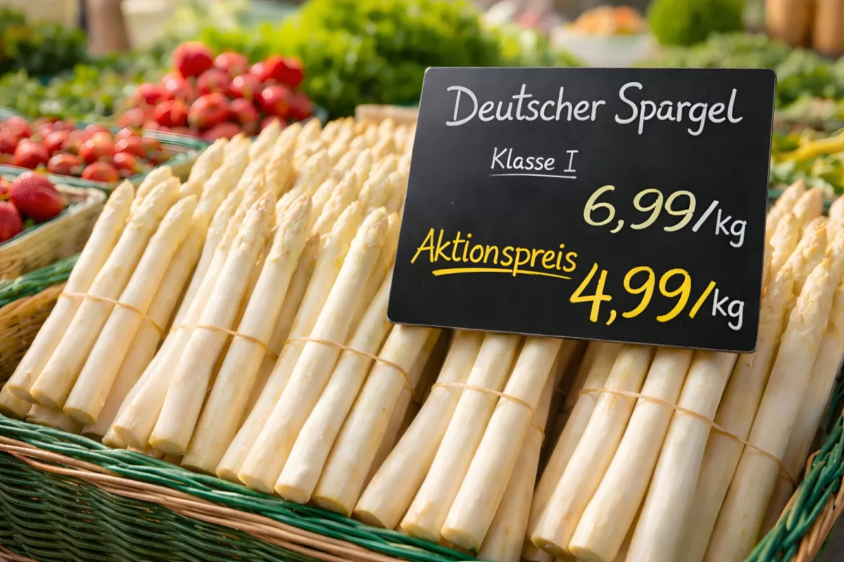 Weißer Spargel auf dem Wochenmarkt mit Preisschild