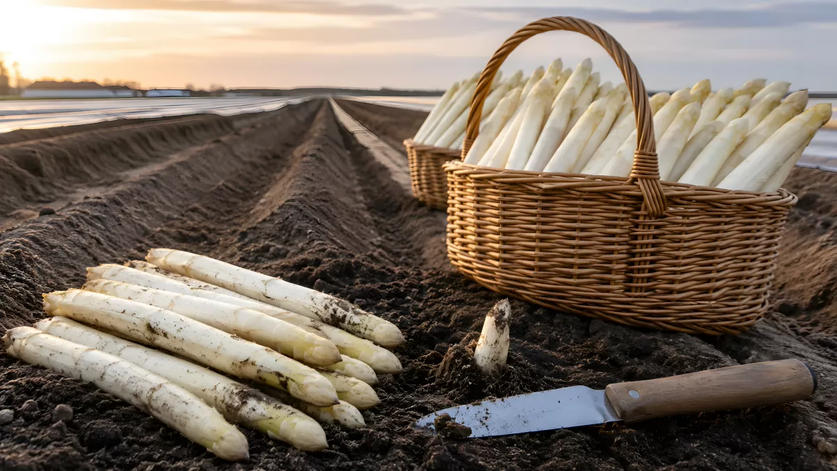 Weißer Spargel bei der Ernte auf dem Feld