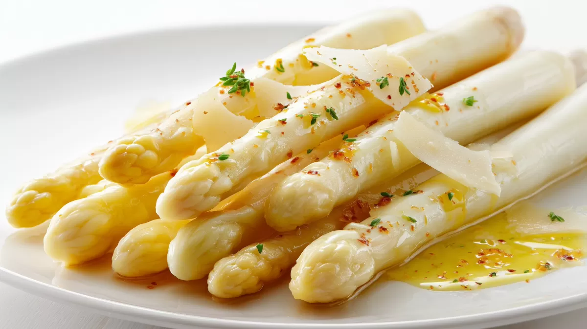 Weißer Spargel mit Butter und Parmesan auf Teller