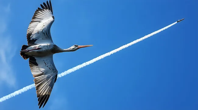 Weißer Storch fliegt vor Düsenflugzeug am Himmel