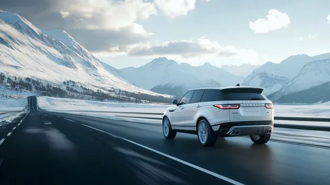 Weißer SUV auf verschneiter Bergstraße im Winter