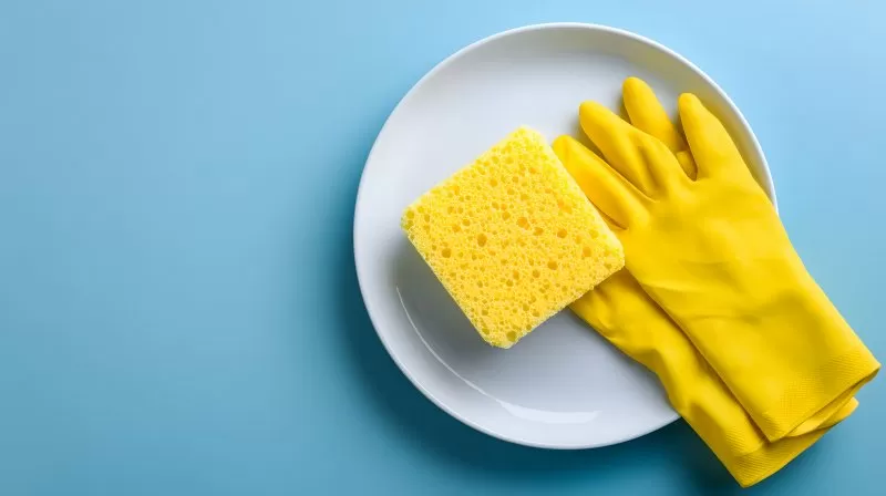 Weißer Teller mit Gummihandschuhen und Schwamm auf Spüle