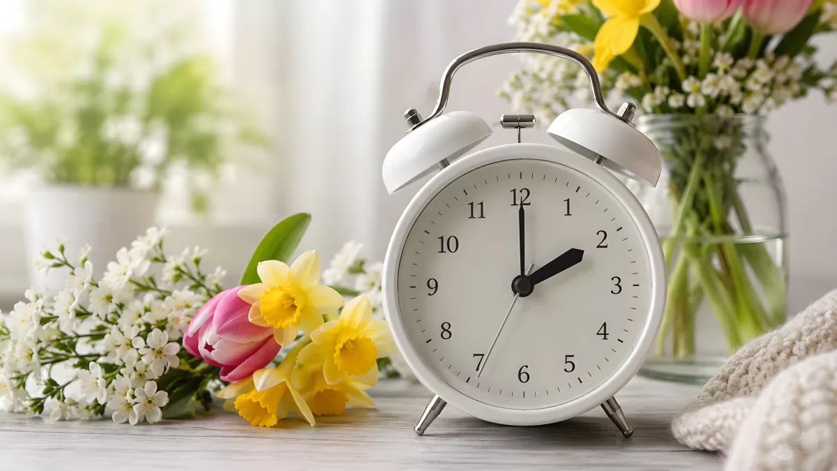 Weißer Wecker mit Frühlingsblumen auf Holztisch