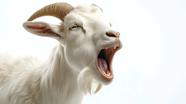 Weißer Ziegenkopf mit offenem Maul vor hellen Hintergrund