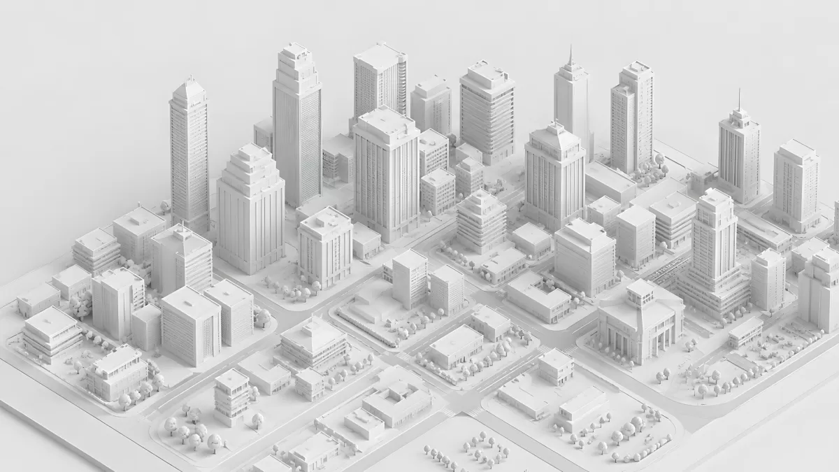 Weißes 3D-Stadtmodell in isometrischer Ansicht