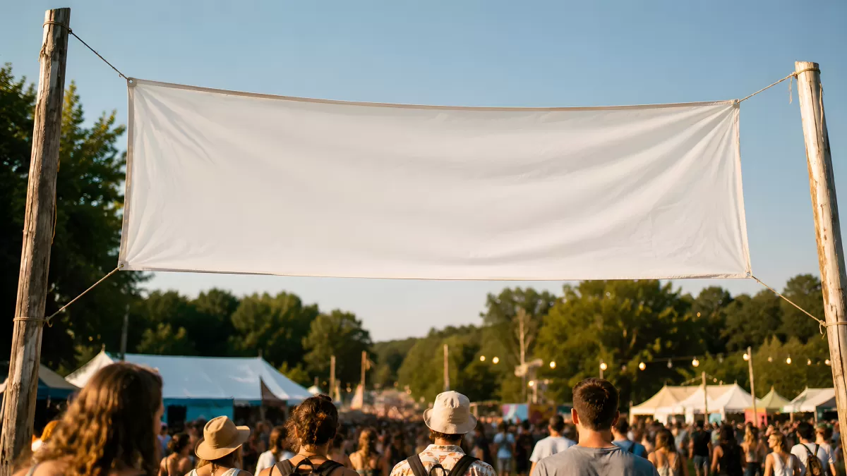 Weißes Banner über Festivalgelände im Sommerlight
