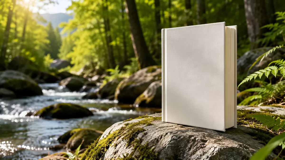 Weißes Buch auf Felsen an einem Waldbach im Sonnenlicht