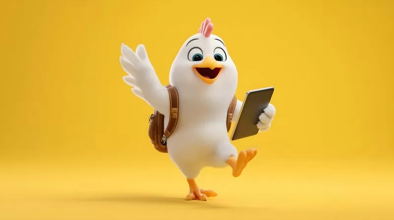 Weißes Cartoon-Huhn mit Rucksack und Tablet