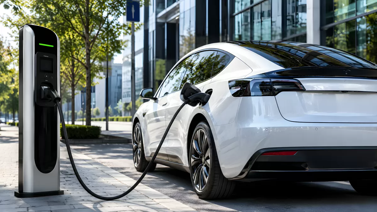 Weißes E-Auto lädt an einer Ladestation auf