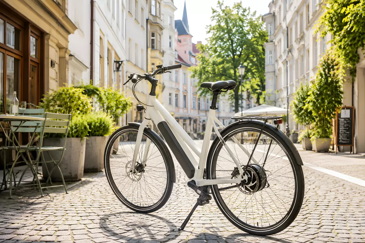 Weißes E-Bike auf gepflasterter Altstadtgasse im Sommer