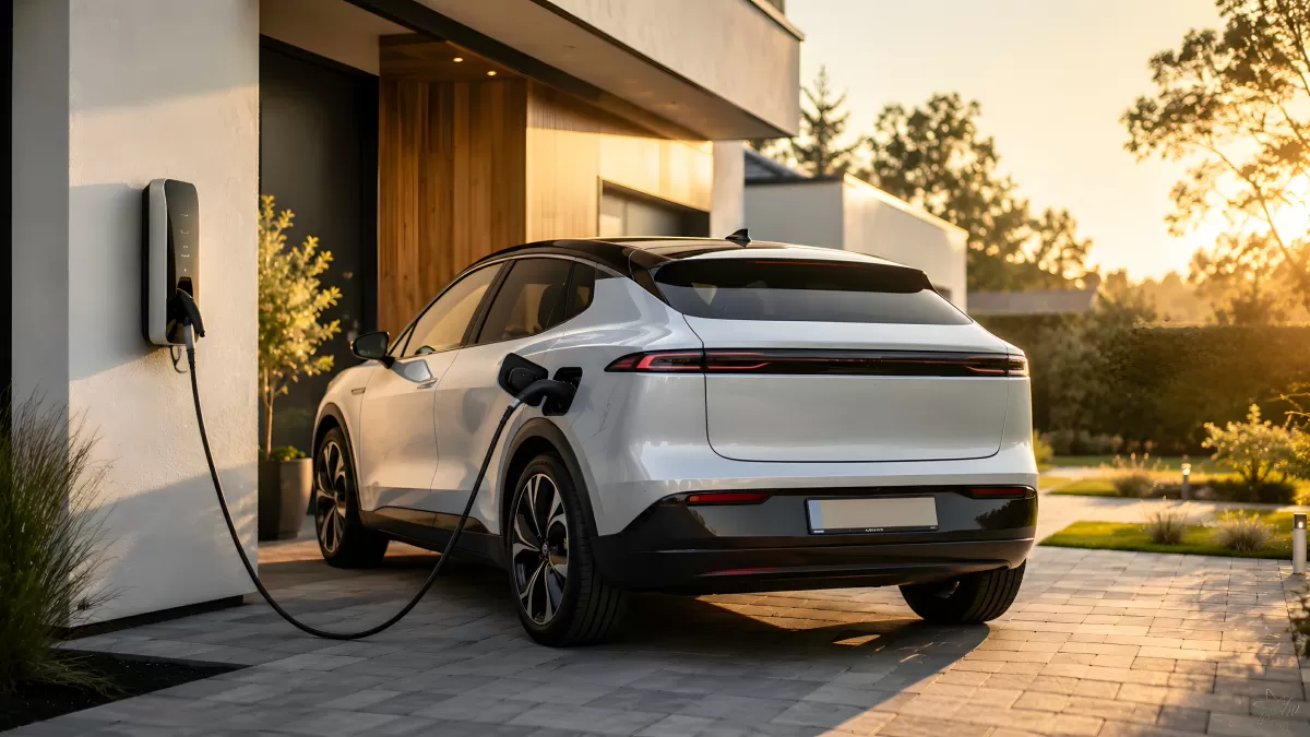 Weißes Elektro-SUV lädt an Hauswand bei Sonnenuntergang