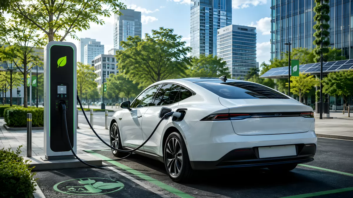 Weißes Elektroauto lädt an grüner Ladestation