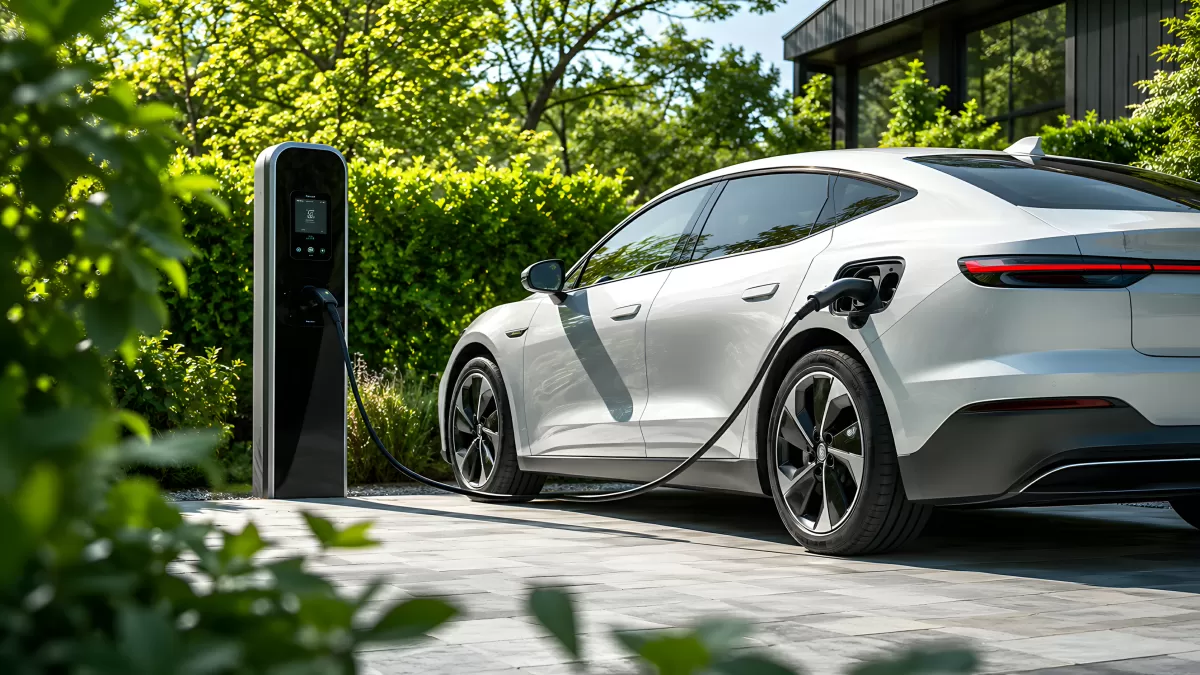 Weißes Elektroauto lädt an moderner Ladestation