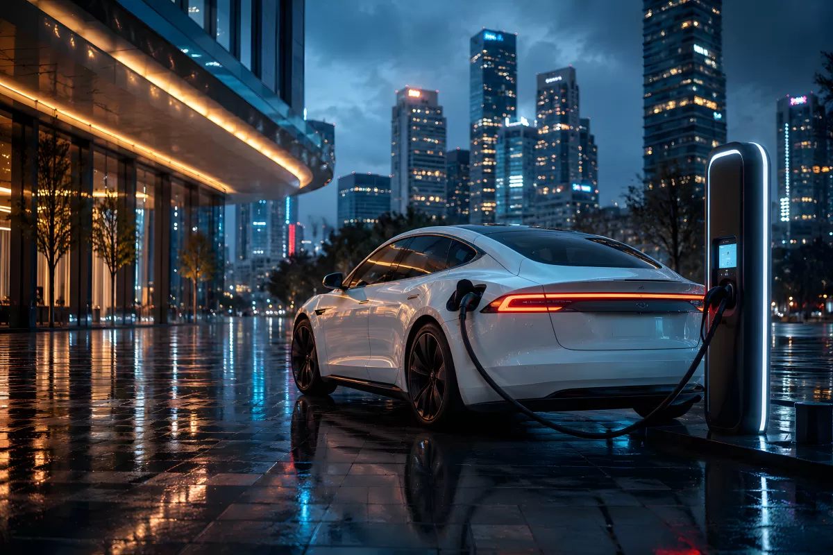 Weißes Elektroauto lädt nachts vor Stadtkulisse
