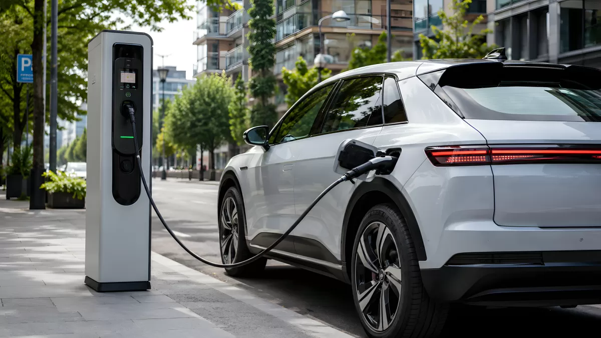 Weißes Elektroauto wird an Ladestation aufgeladen