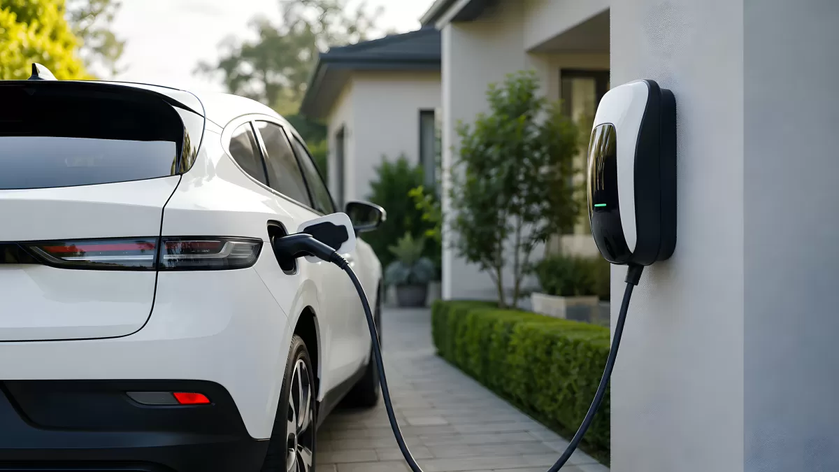 Weißes Elektroauto wird zu Hause aufgeladen