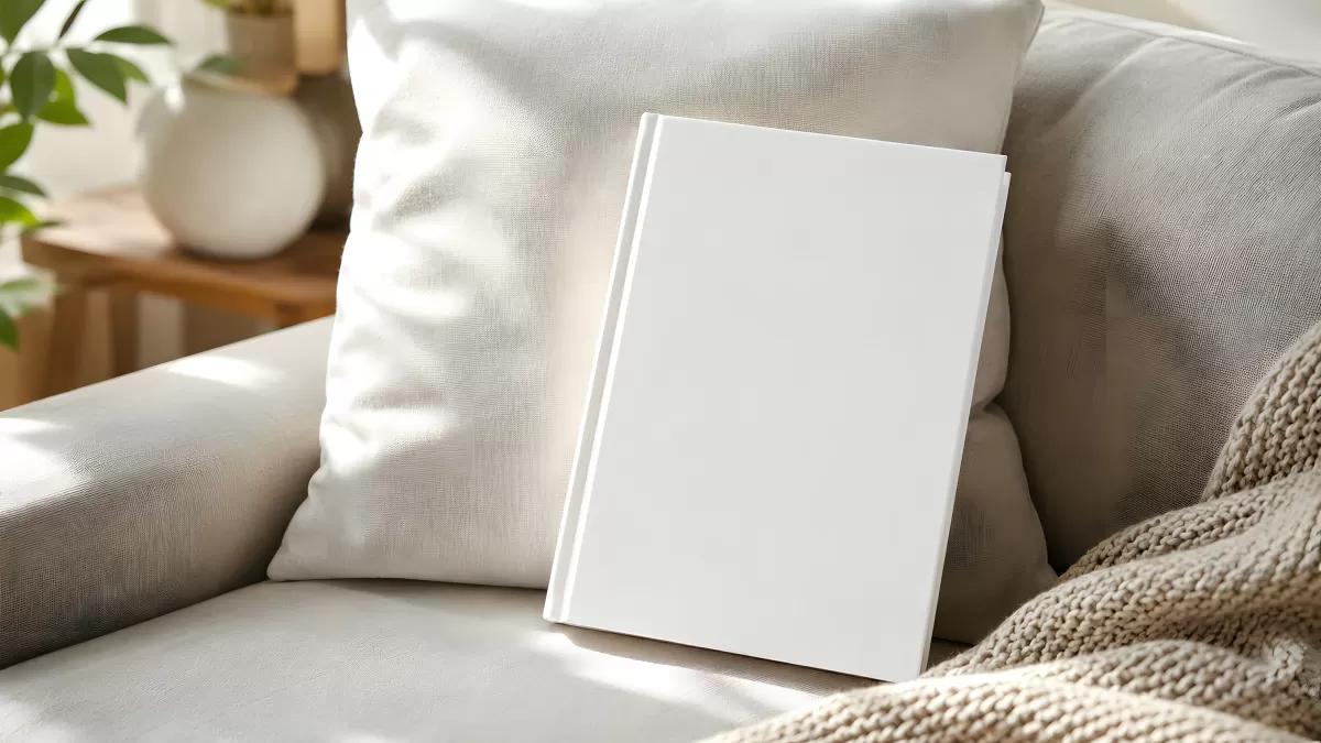 Weißes Hardcover-Buch lehnt an Kissen auf Sofa