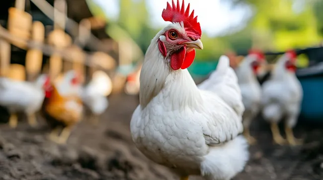 Weißes Huhn auf Bauernhof im Freien