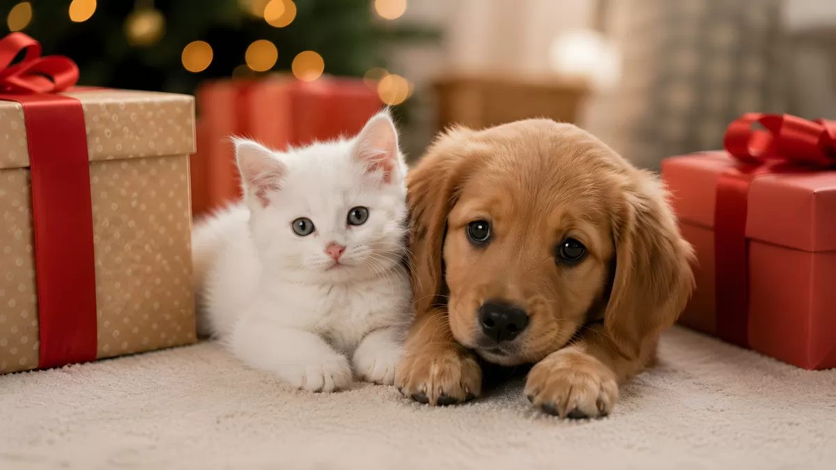 Weißes Kätzchen und Golden-Retriever-Welpe zu Weihnachten