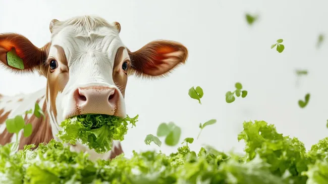 Weißes Kalb isst frisch gepflückten Salat