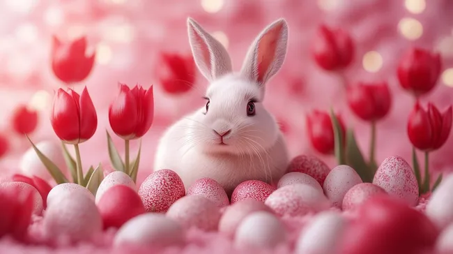 Weißes Kaninchen zwischen bunten Tulpen und Ostereier