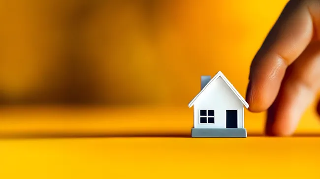 Weißes Modellhaus in Händen vor gelbem Hintergrund