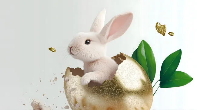 Weißes Osterhäschen schlüpft aus goldenem Ei
