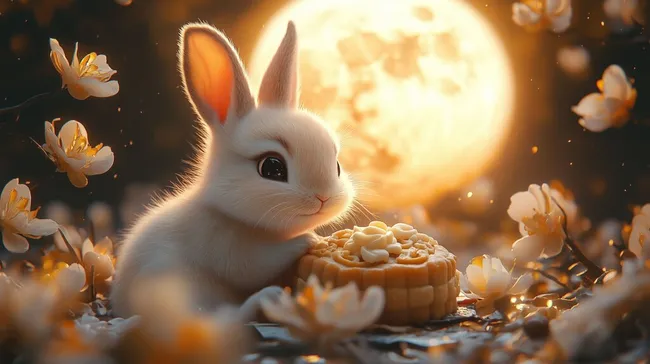 Weißes Osterhaschen mit Mondkuchen und Blüten im Mondlicht