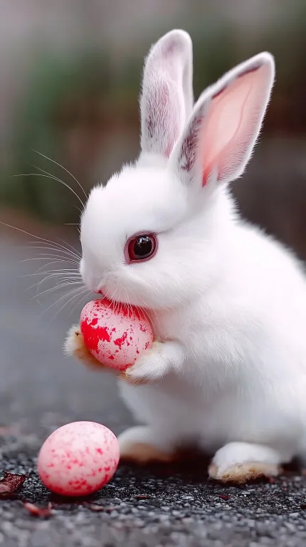 Weißes Osterkaninchen mit rotem Ei auf Asphalt