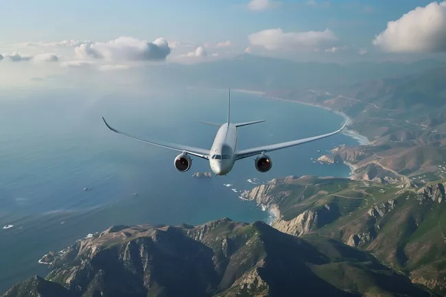 Weißes Passagierflugzeug über Berglandschaft