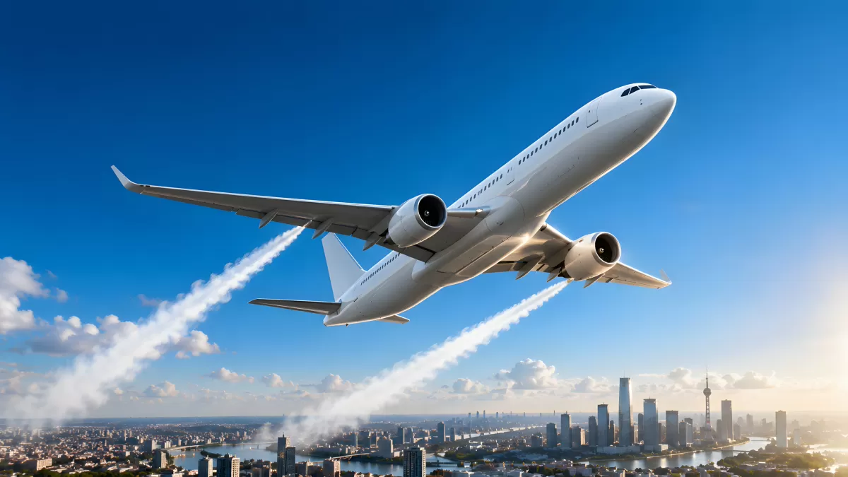 Weißes Passagierflugzeug über moderner Stadtsilhouette