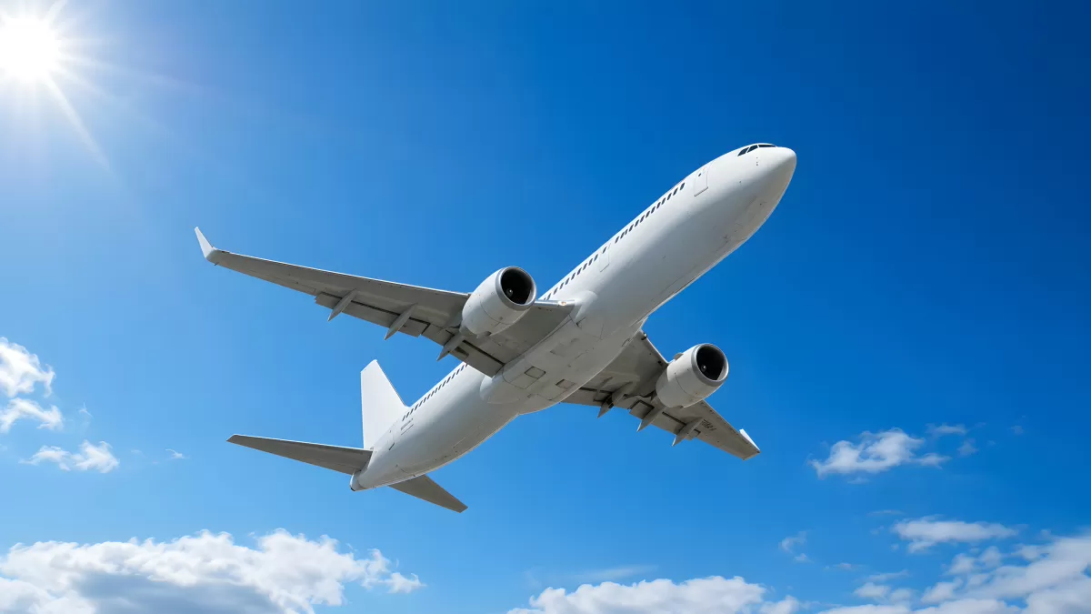Weißes Passagierflugzeug vor blauem Sommerhimmel