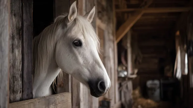 Weißes Pferd blickt aus Holzstall-Fenster