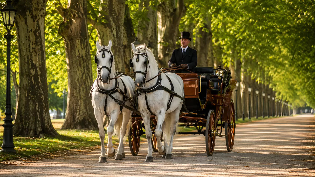 Weißes Pferdegespann zieht elegante Kutsche im Park