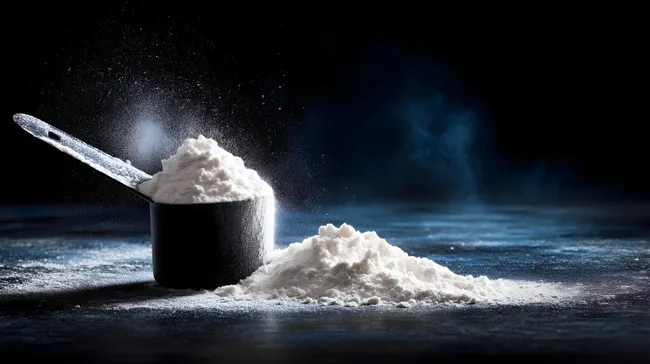 Weißes Pulver in Holzschale auf dunkler Oberfläche