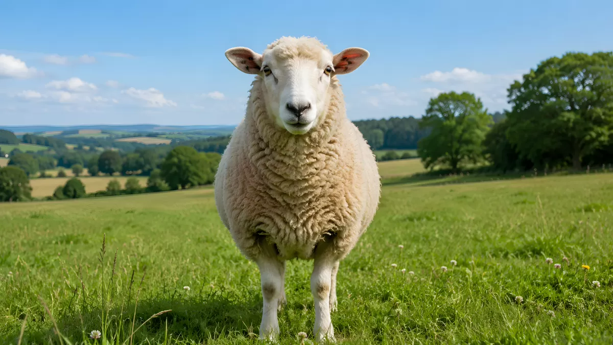 Weißes Schaf auf grüner Wiese in sommerlicher Landschaft