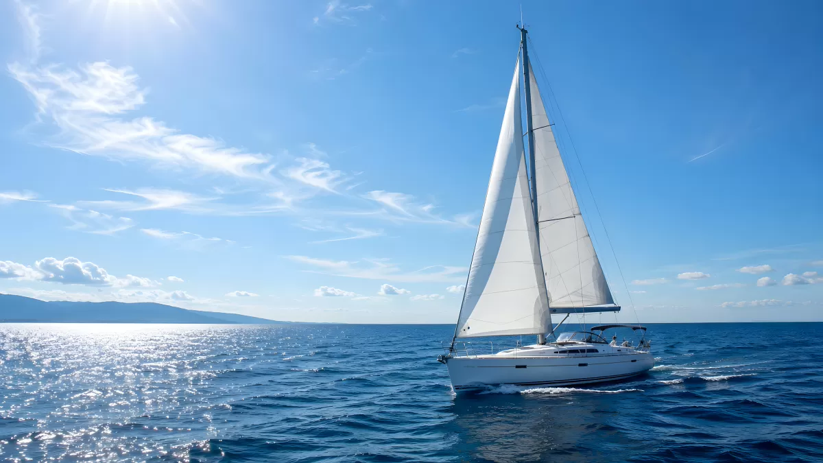 Weißes Segelboot auf tiefblauem Meer im Sonnenlicht