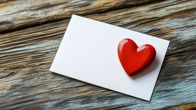 Weißkarte mit rotem Herzen auf rustikalem Holzhintergrund