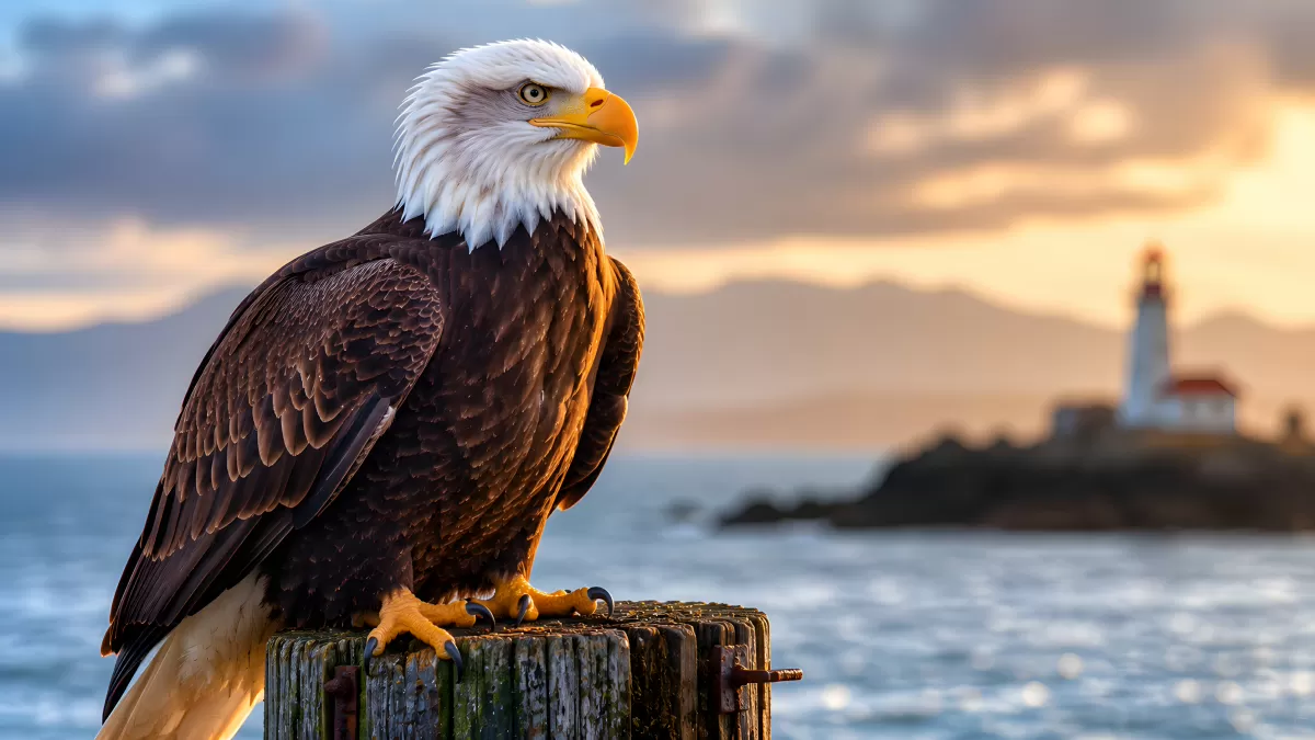 Weißkopfseeadler auf Holzpfahl am Meeresküste