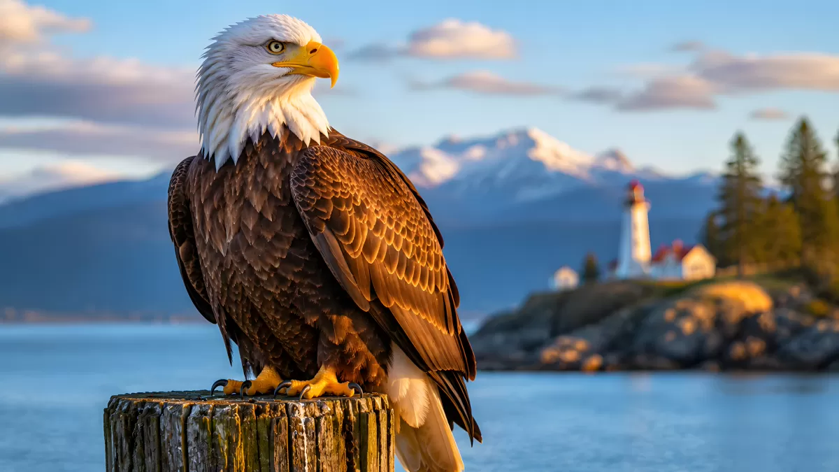 Weißkopfseeadler auf Holzpfahl vor Leuchtturm