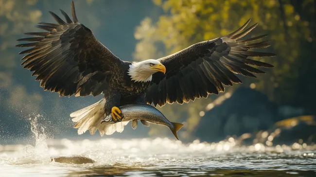 Weißkopfseeadler ergreift Fisch aus dem Wasser