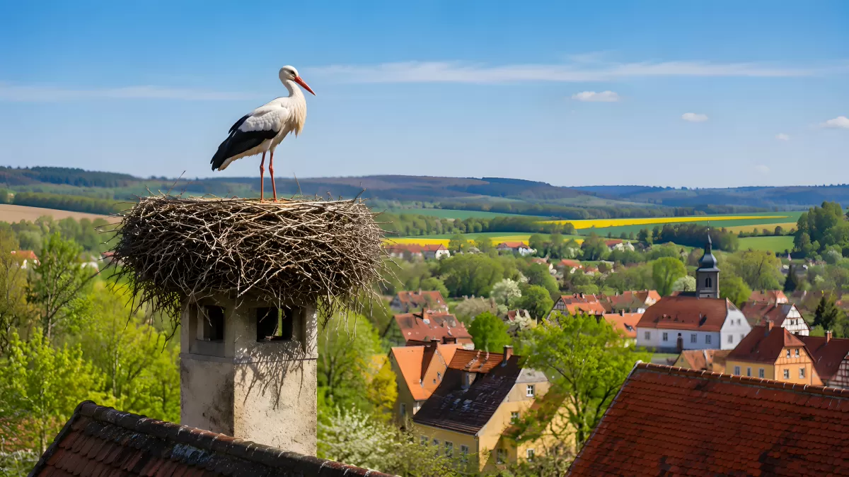 Weißstorch auf Nest über deutschem Dorf im Frühling