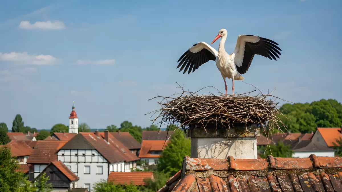 Weißstorch breitet Flügel auf Nest über Dächern aus