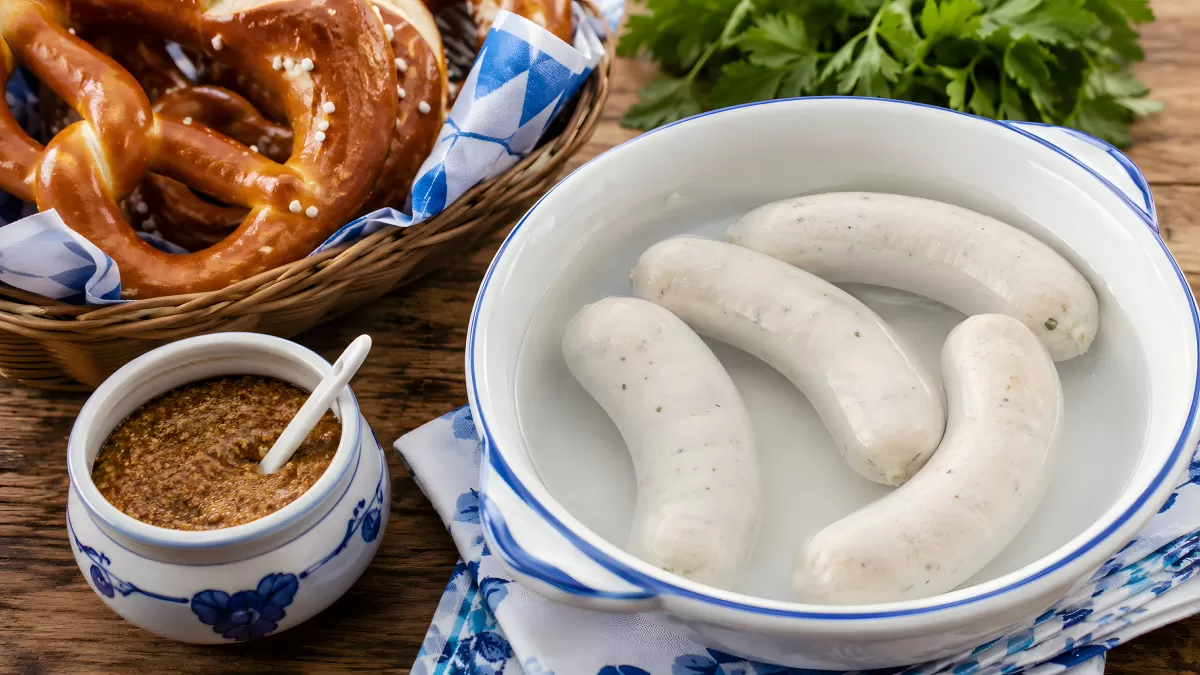 Weißwurst mit Brezel und Süßem Senf serviert