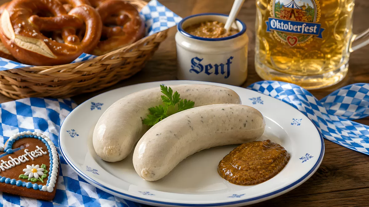 Weißwurst mit Senf und Brezel zum Oktoberfest