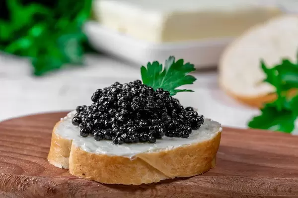 Weißbrot mit Butter und schwarzem Kaviar, als Gourmetsnack, in der Nahaufnahme