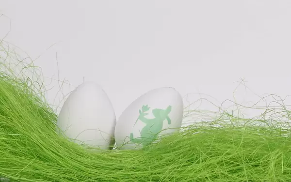 Weiße Ostereier auf grünem Gras mit weißem Hintergrund